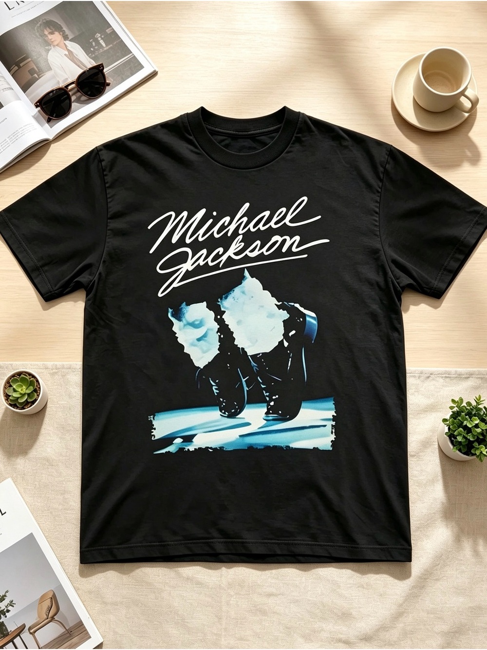Michael Jackson Black Graphic Short-Sleeve Tee with Blue Accents